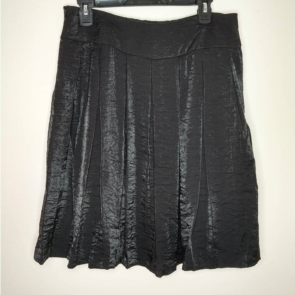 Vintage Nicole Miller Black Metallic Crinkle Pleated Midi Skirt Size 8 Y2K
